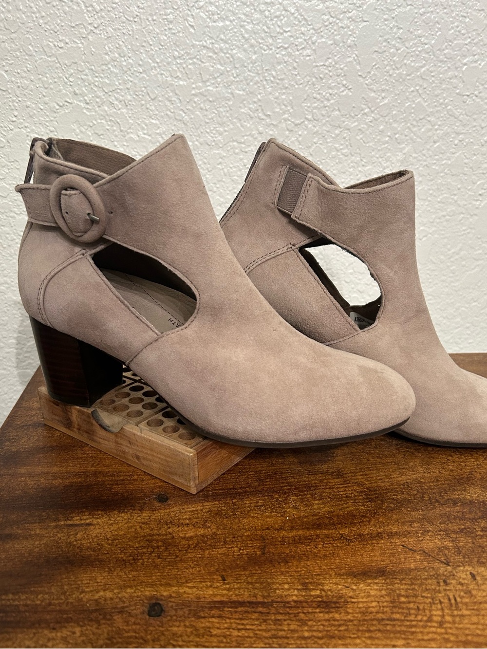 Earth Taupe Suede Cutout Ankle Boots with Buckle 7 B (Medium)